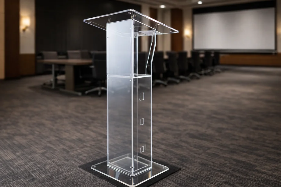 Detalle del acabado pulido del podium compacto de acrílico transparente
