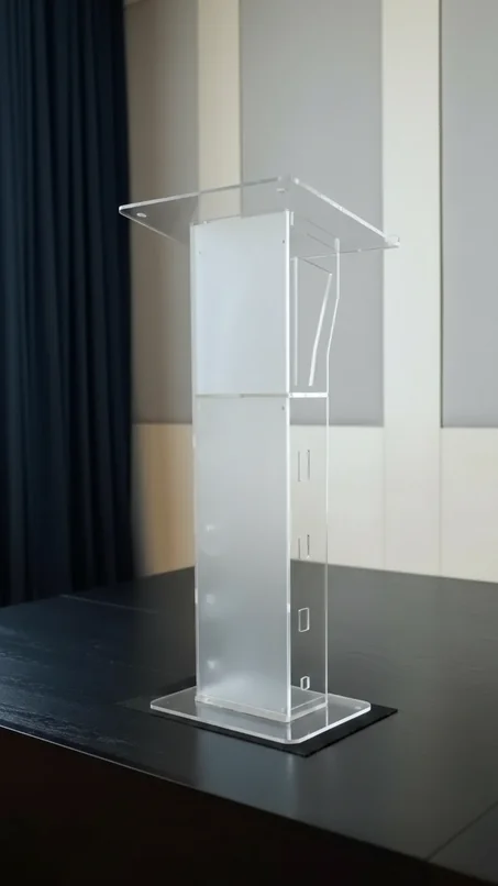 Podium compacto de acrílico transparente para estudios de grabación, podcasts y salas de juntas