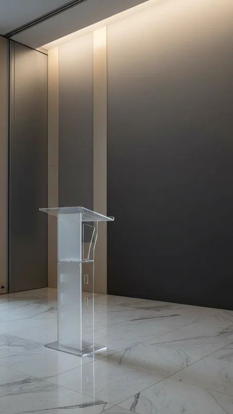 Detalle del acabado pulido del podium de acrílico transparente