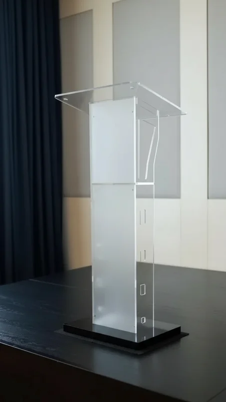 Podium de acrílico transparente vista lateral con perfil delgado
