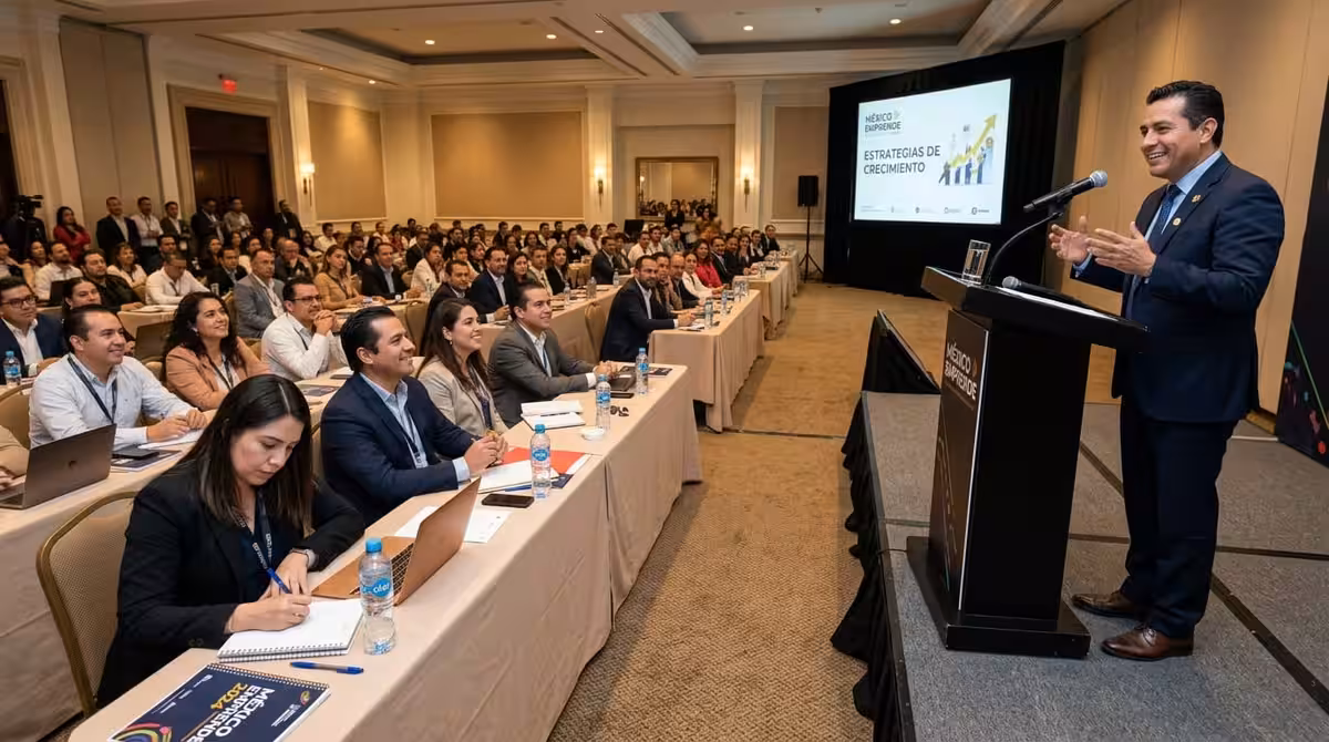 Orador en podium durante congreso empresarial en hotel de CDMX