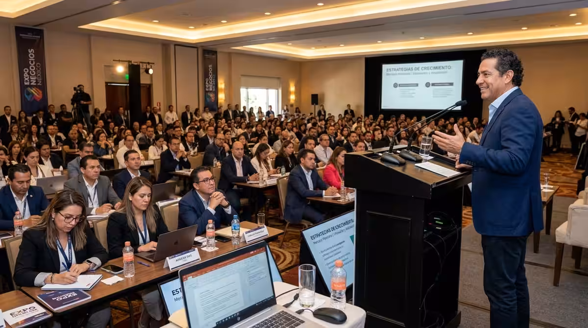 Orador en podium durante congreso empresarial en hotel de CDMX