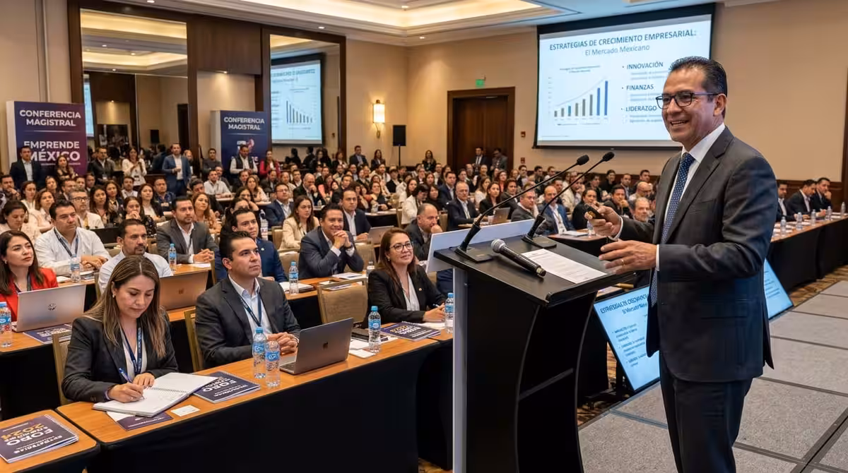 Orador en podium durante congreso empresarial en hotel de CDMX