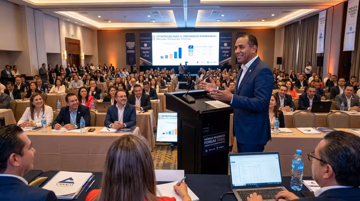 Orador en podium durante congreso empresarial en hotel de CDMX