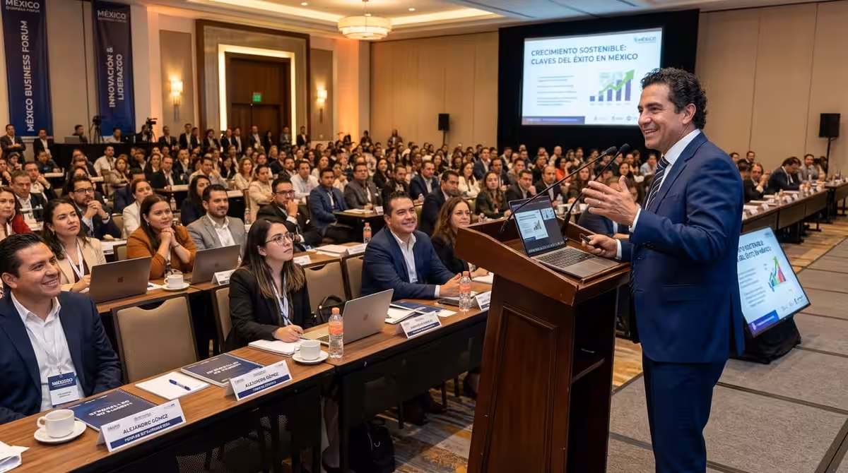 Orador en podium durante congreso empresarial en hotel de CDMX