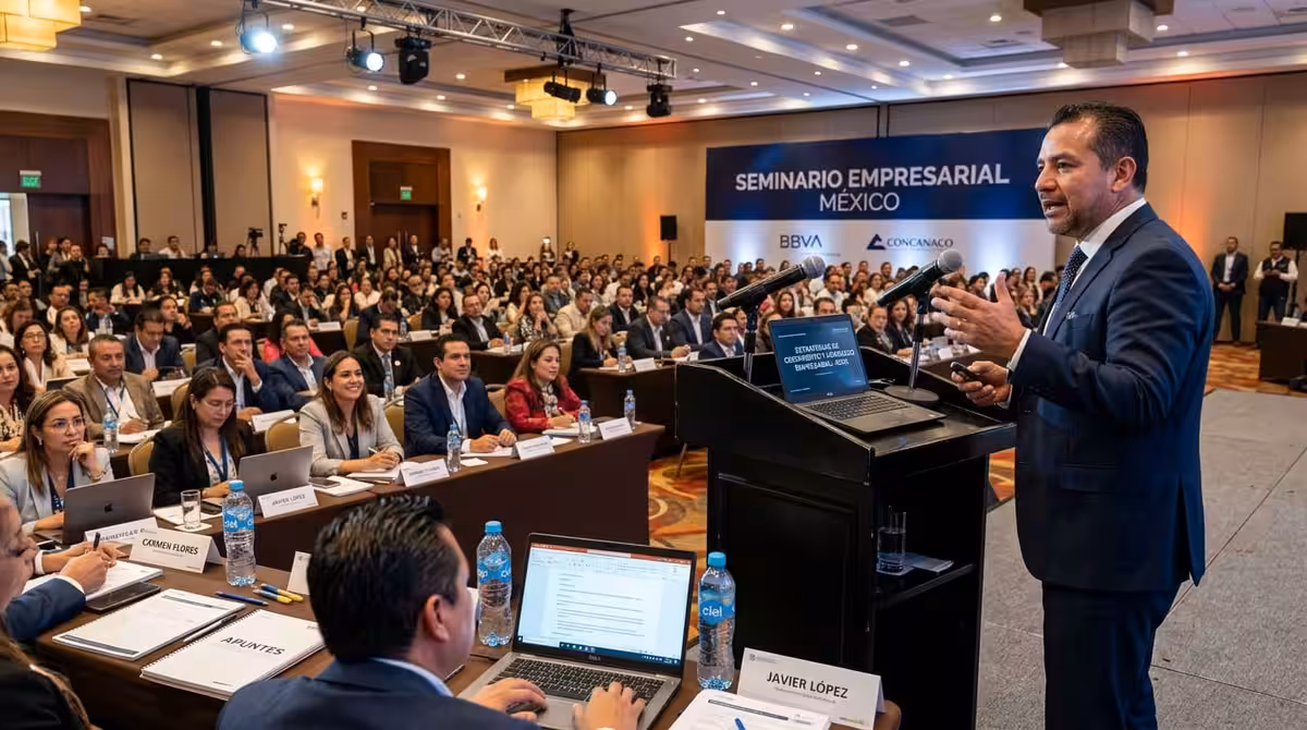 Orador en podium durante congreso empresarial en hotel de CDMX