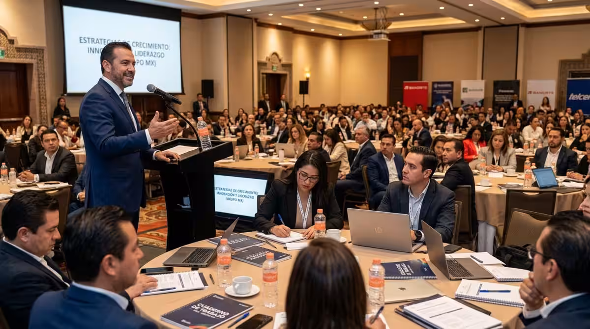 Orador en podium durante congreso empresarial en hotel de CDMX