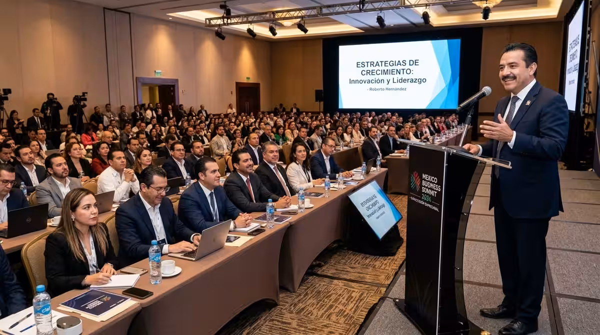 Orador en podium durante congreso empresarial en hotel de CDMX