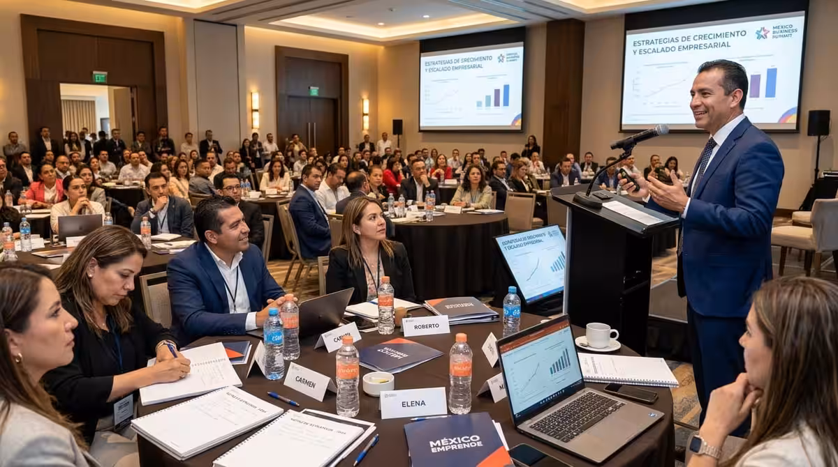 Orador en podium durante congreso empresarial en hotel de CDMX