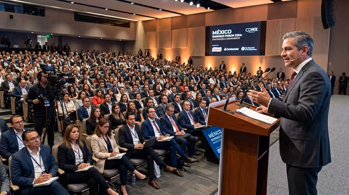 Orador en podium de madera en conferencia empresarial en CDMX