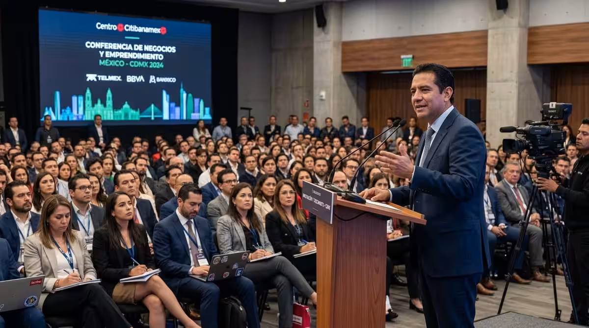 Orador en podium de madera en conferencia empresarial en CDMX