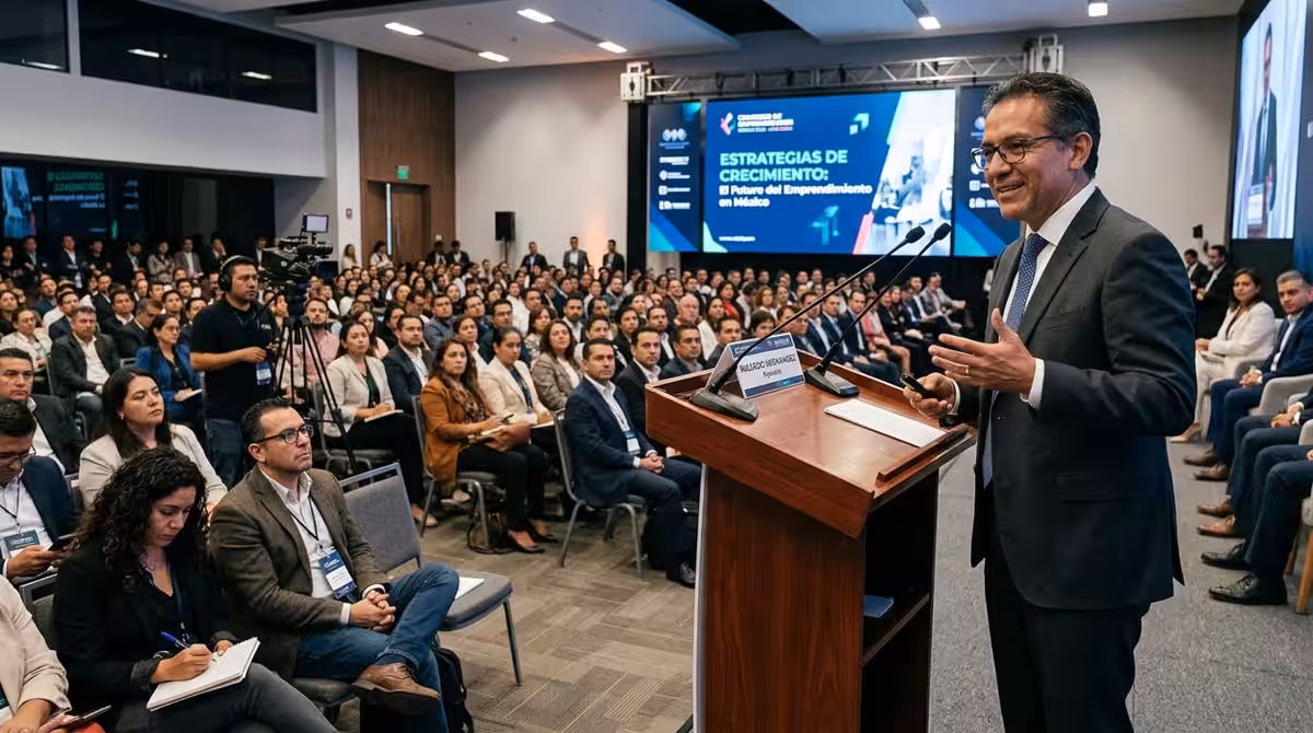 Orador en podium de madera en conferencia empresarial en CDMX
