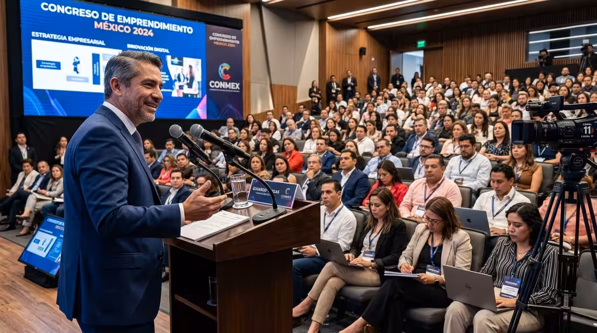 Orador en podium de madera en conferencia empresarial en CDMX
