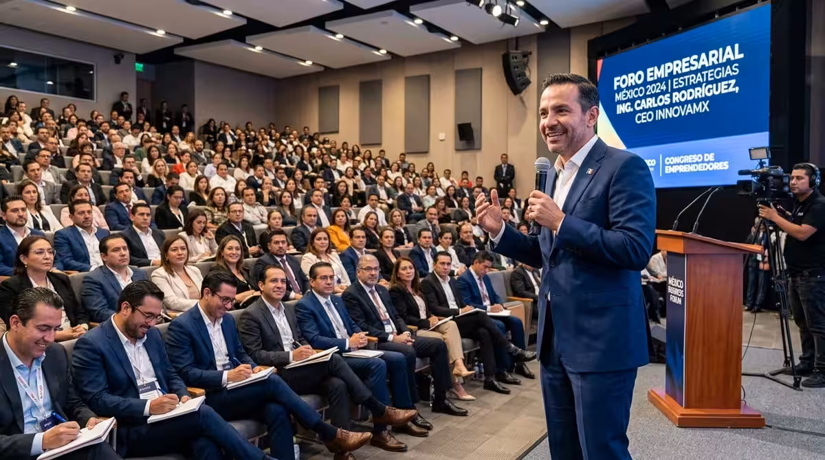 Orador en podium de madera en conferencia empresarial en CDMX