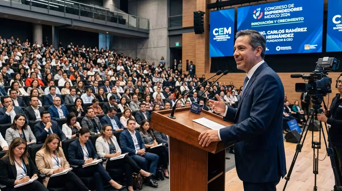 Orador en podium de madera en conferencia empresarial en CDMX