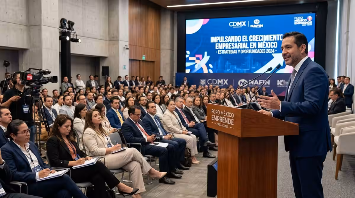 Orador en podium de madera en conferencia empresarial en CDMX