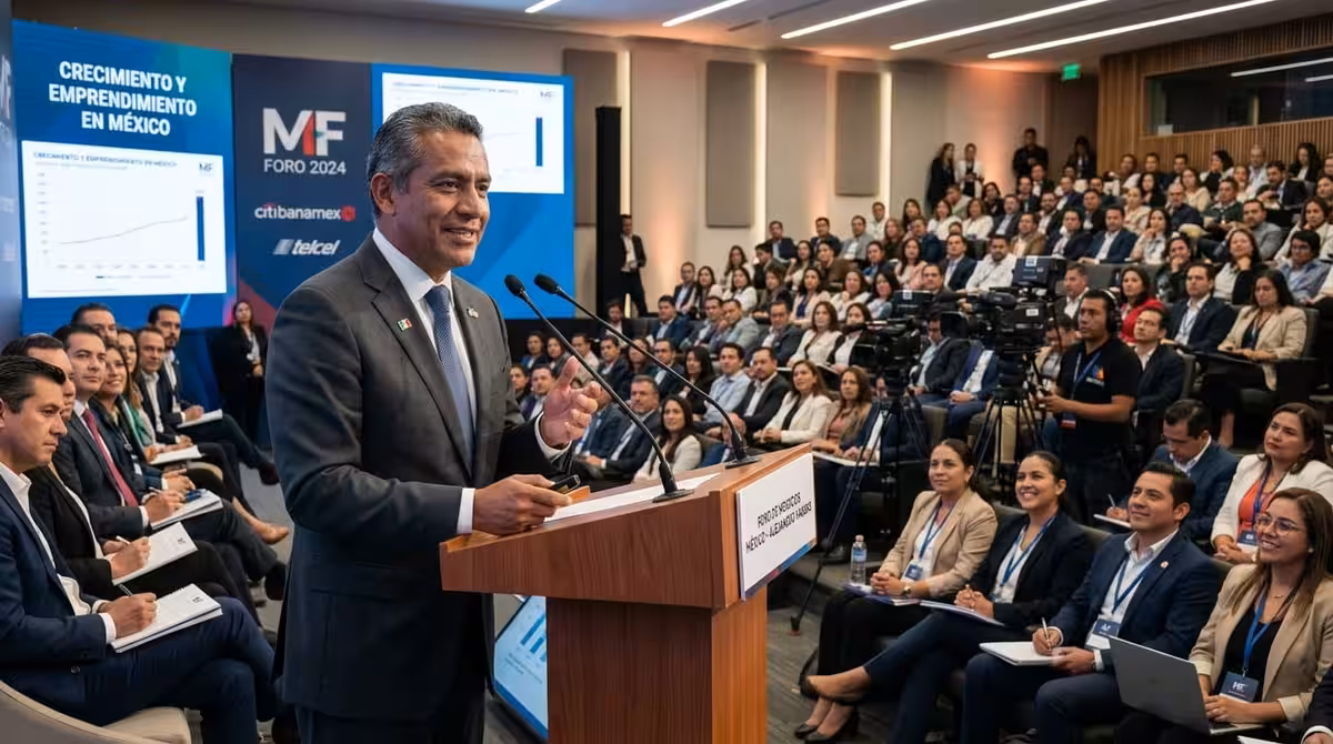 Orador en podium de madera en conferencia empresarial en CDMX