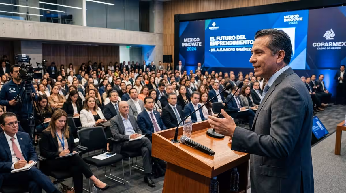 Orador en podium de madera en conferencia empresarial en CDMX