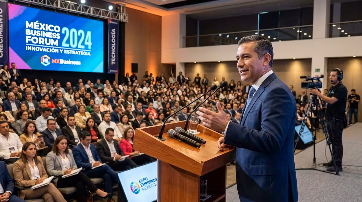 Orador en podium de madera en conferencia empresarial en CDMX