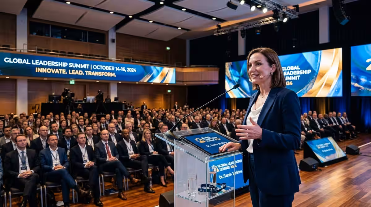 Orador ejecutivo en podium dirigiéndose a la audiencia en conferencia