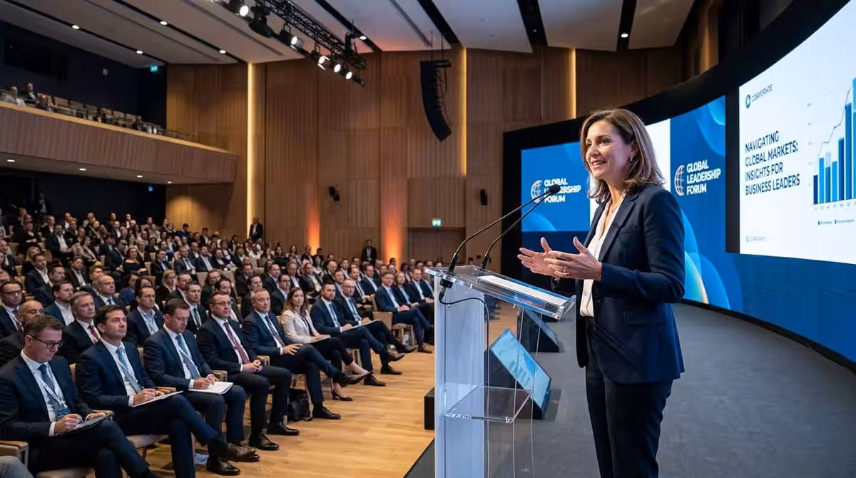 Orador ejecutivo en podium dirigiéndose a la audiencia en conferencia