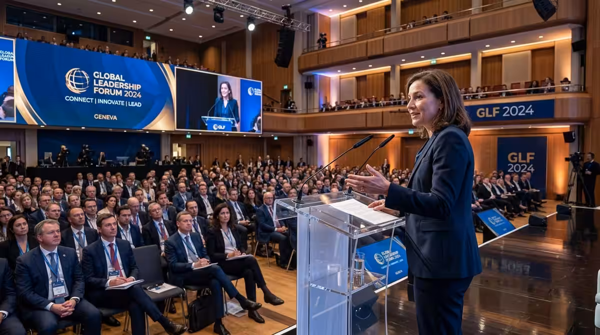 Orador ejecutivo en podium dirigiéndose a la audiencia en conferencia