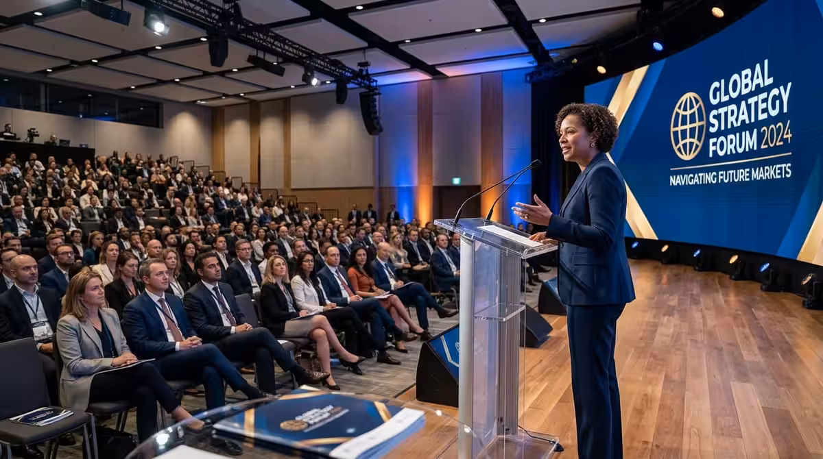 Orador ejecutivo en podium dirigiéndose a la audiencia en conferencia