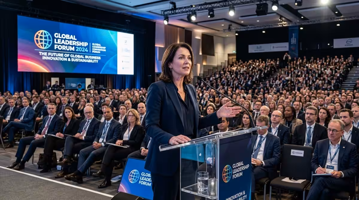 Orador ejecutivo en podium dirigiéndose a la audiencia en conferencia