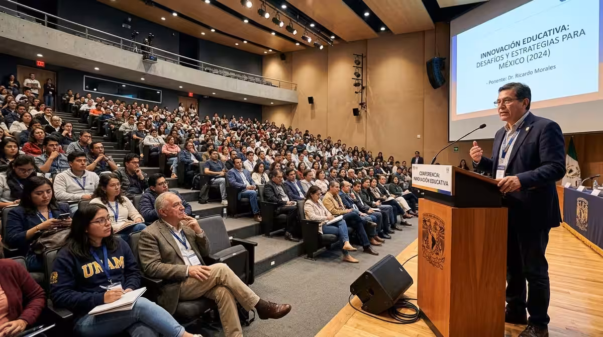 Orador en podium en auditorio ante numerosa audiencia