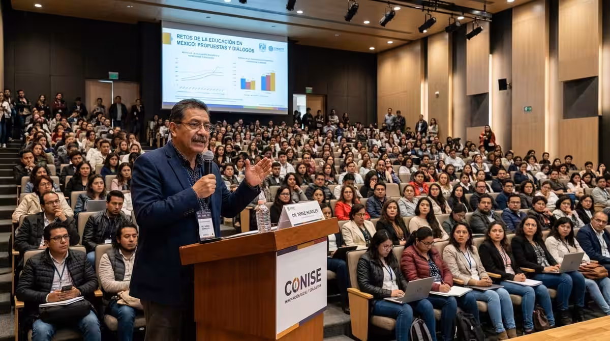 Orador en podium en auditorio ante numerosa audiencia