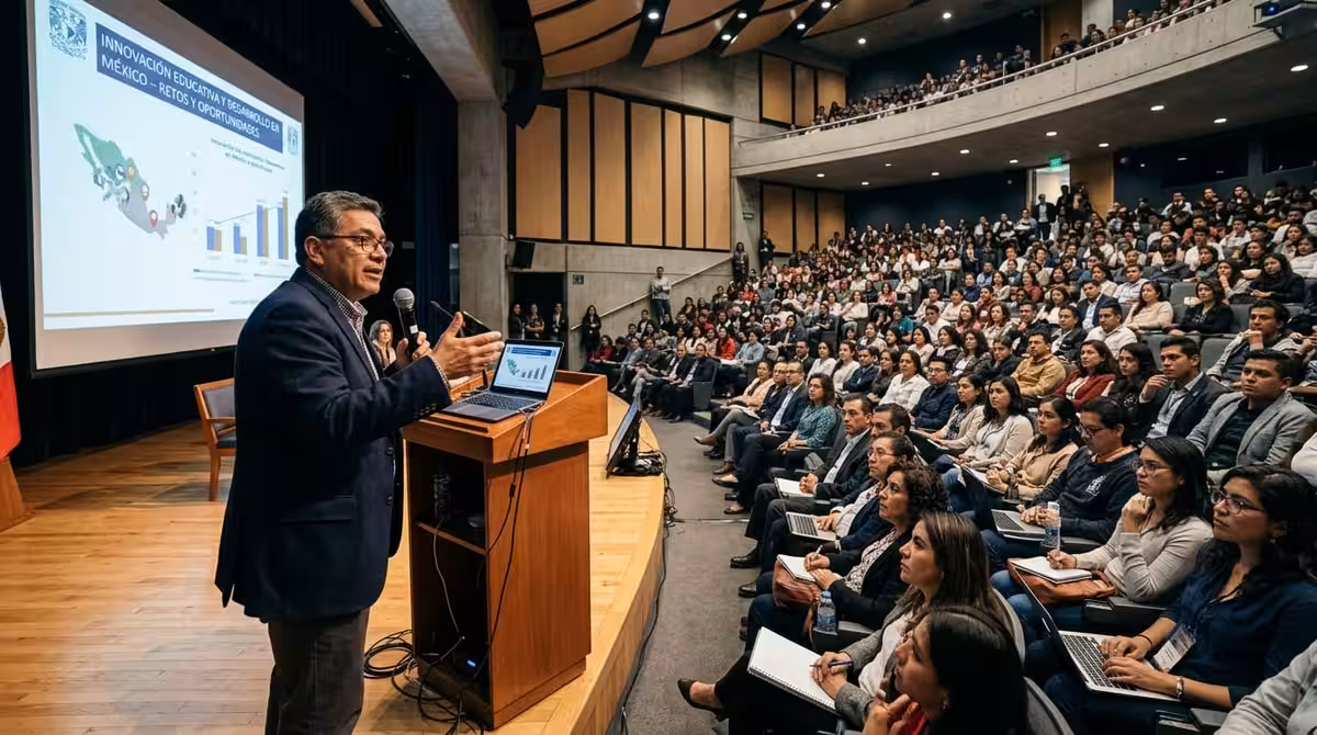 Orador en podium en auditorio ante numerosa audiencia