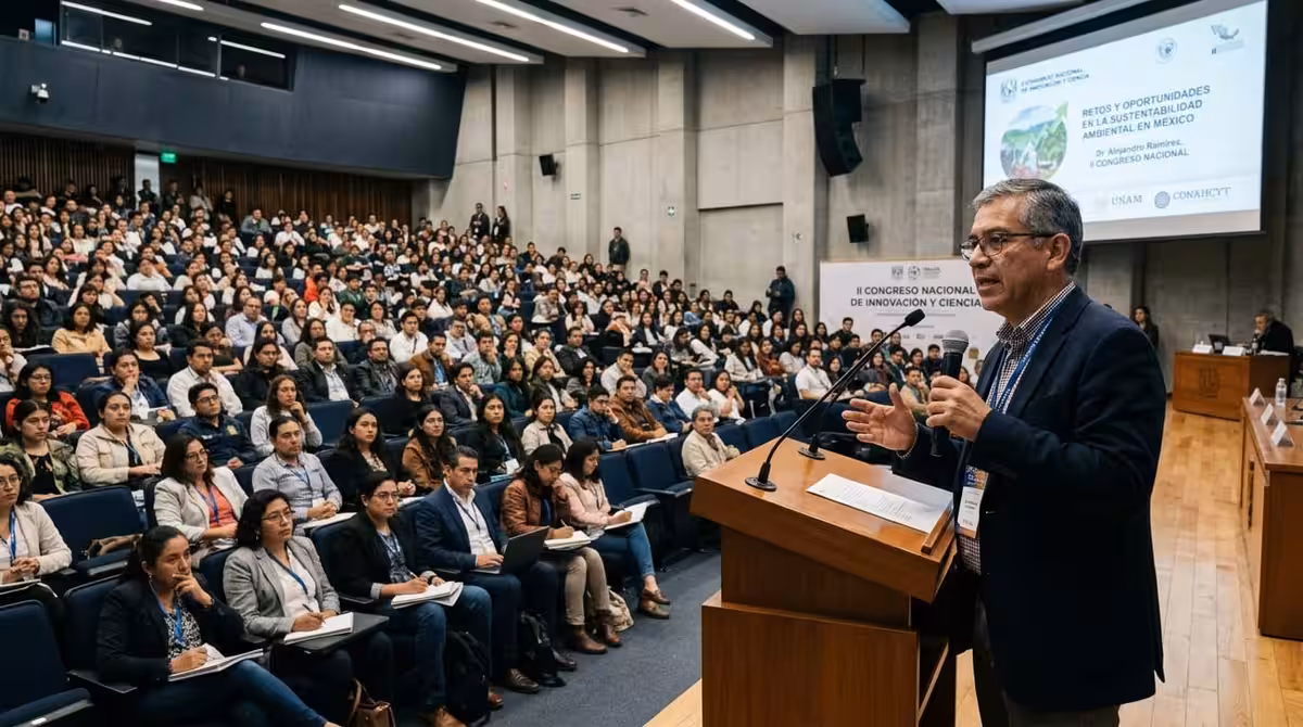 Orador en podium en auditorio ante numerosa audiencia