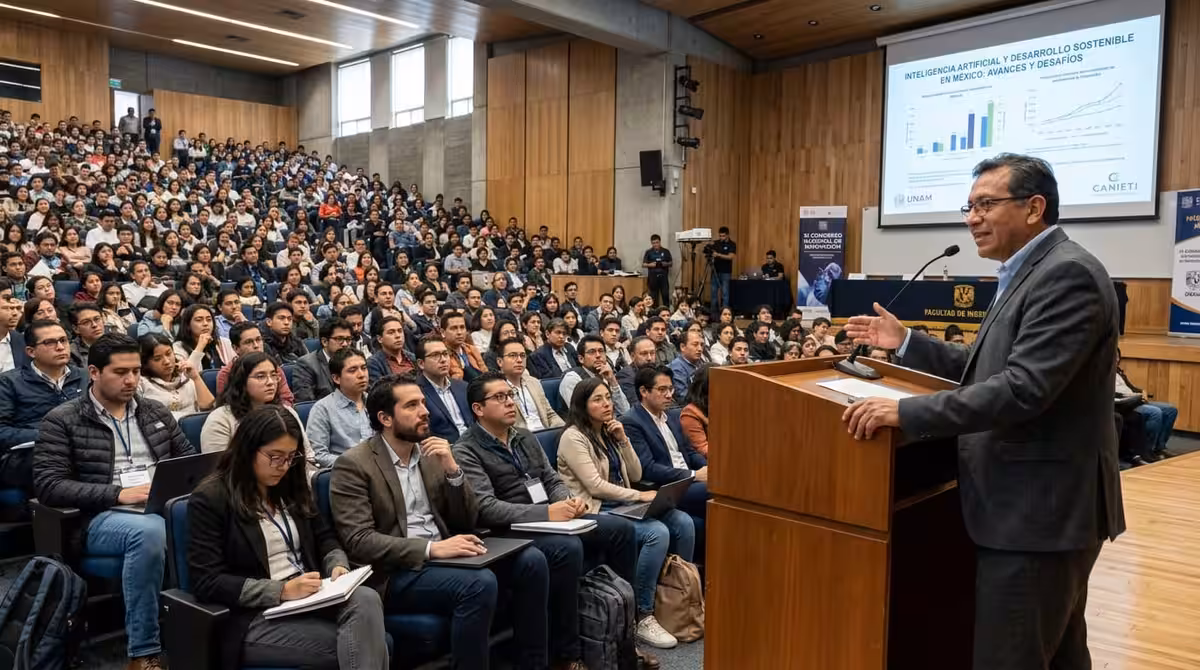 Orador en podium en auditorio ante numerosa audiencia
