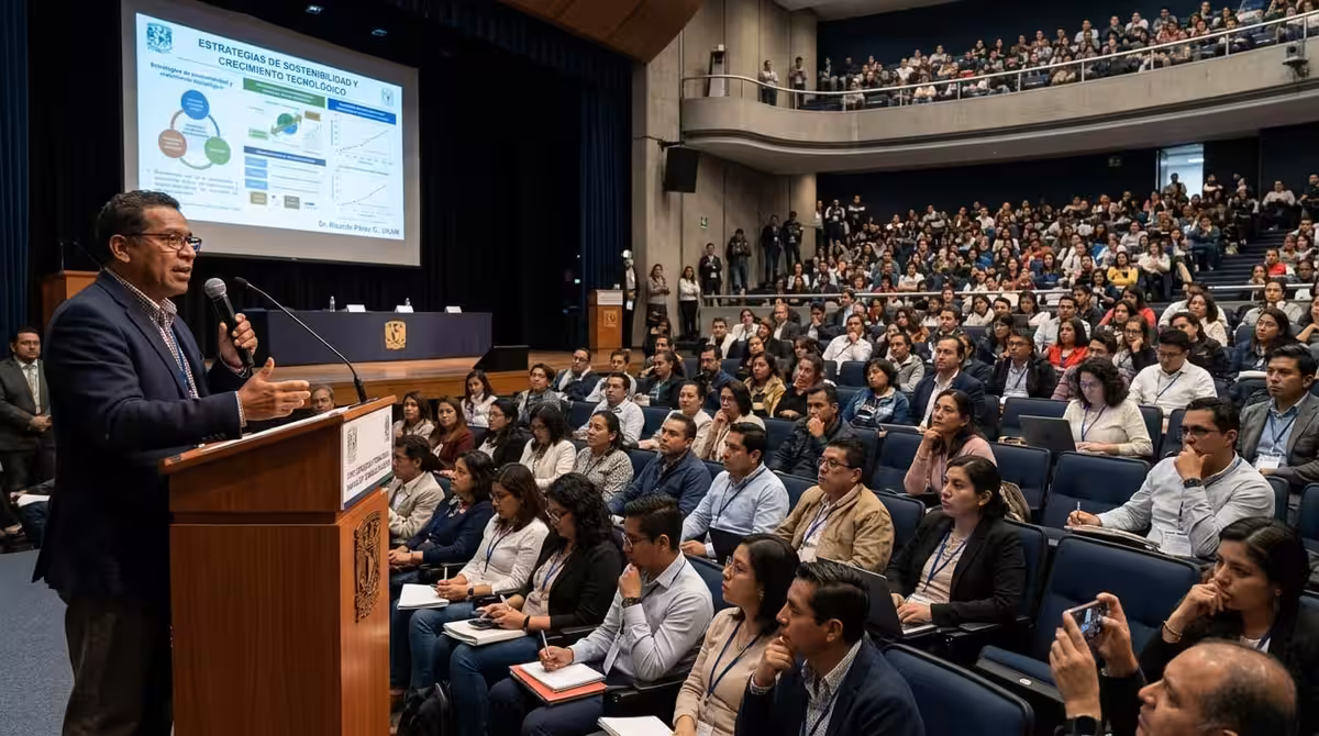 Orador en podium en auditorio ante numerosa audiencia