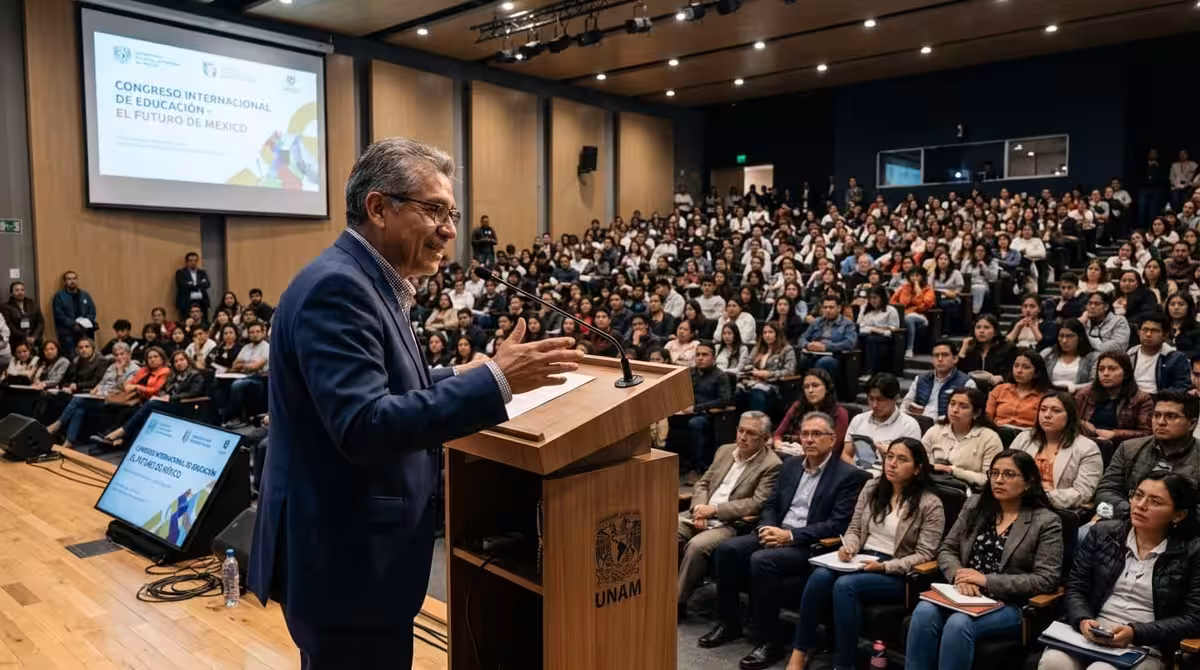 Orador en podium en auditorio ante numerosa audiencia