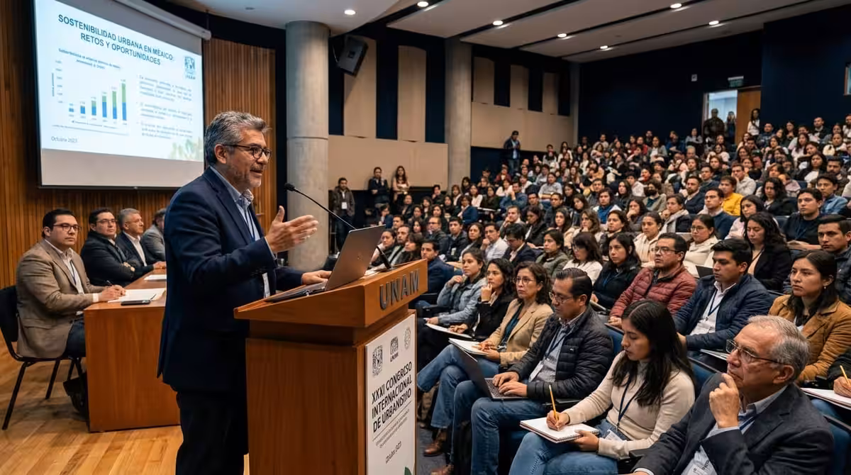 Orador en podium en auditorio ante numerosa audiencia