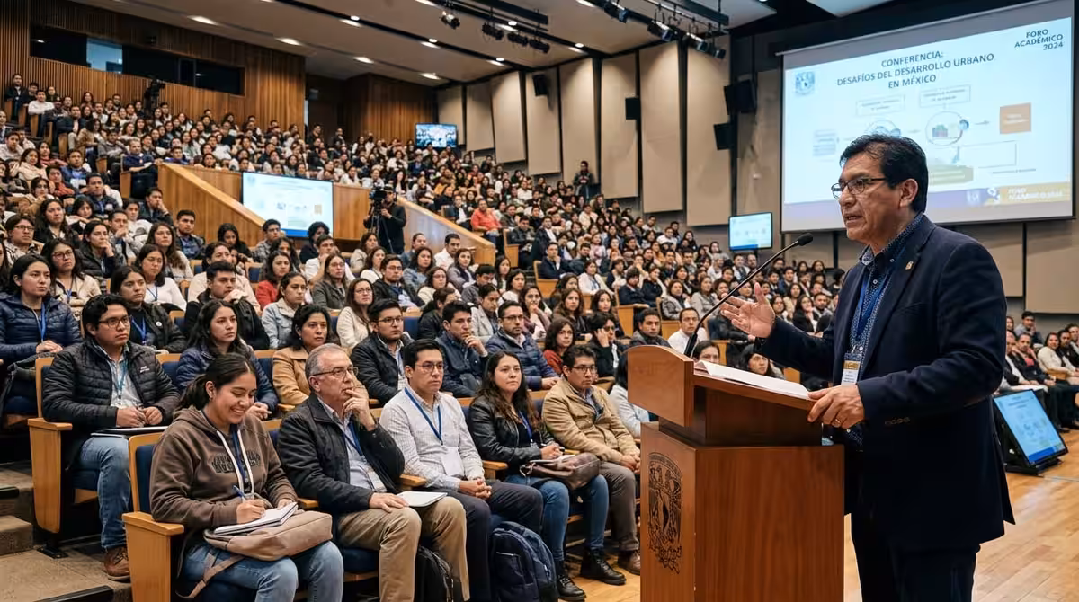 Orador en podium en auditorio ante numerosa audiencia