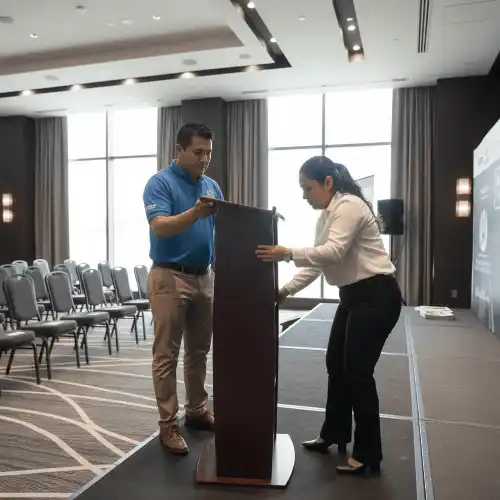 Setup profesional de podium para conferencia