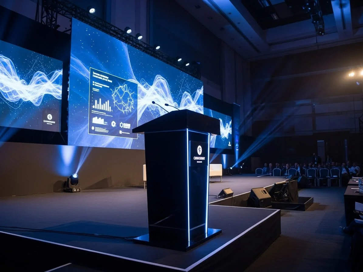 Podium iluminado con tendencias modernas en congreso profesional 2025