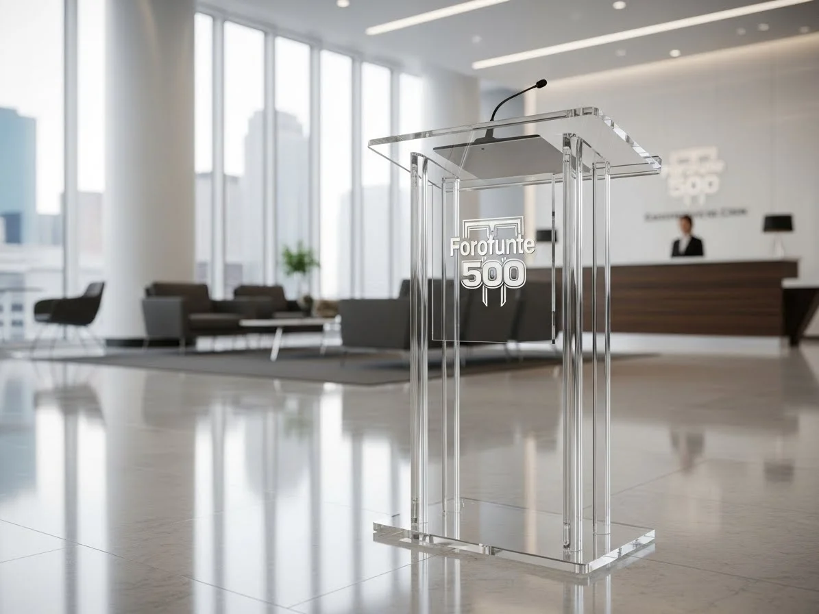 Atril transparente en recepción empresarial de hotel de lujo