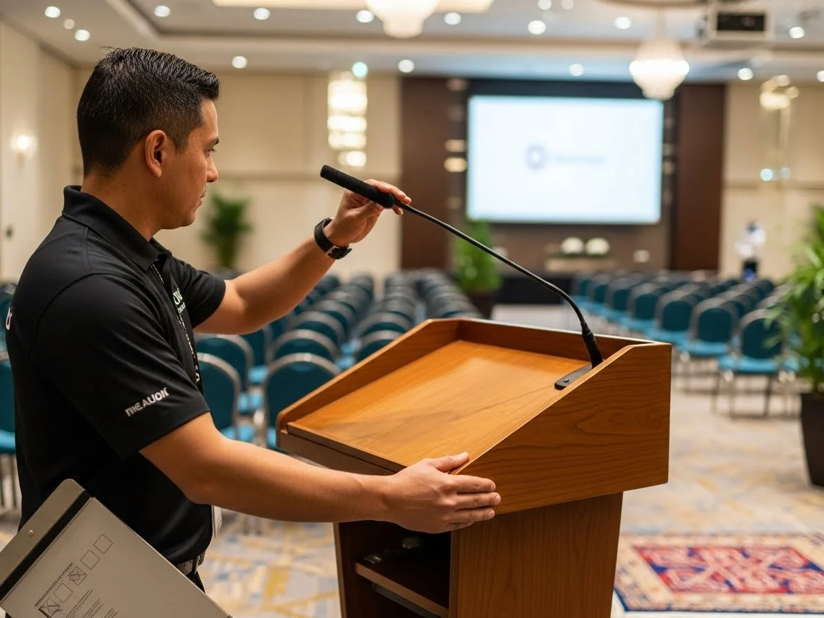 Configuración profesional de micrófono en podium para evento en salón de hotel en Ciudad de México