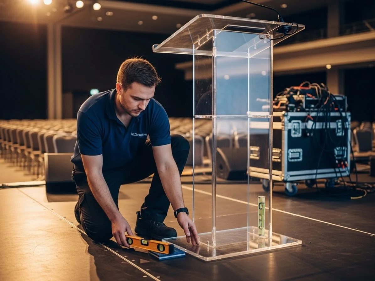Técnico instalando y nivelando un podium acrílico en un recinto de la Ciudad de México