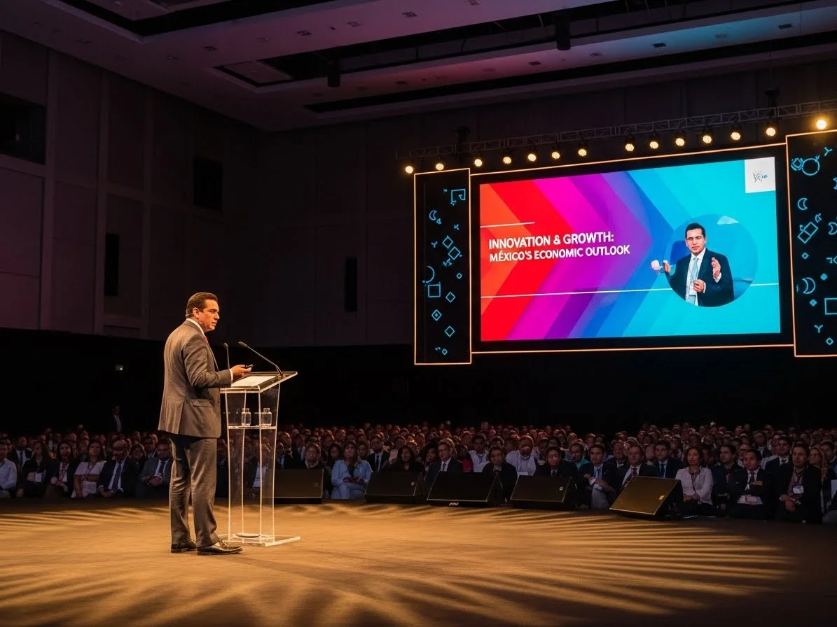Keynote speaker en podium profesional durante congreso universitario