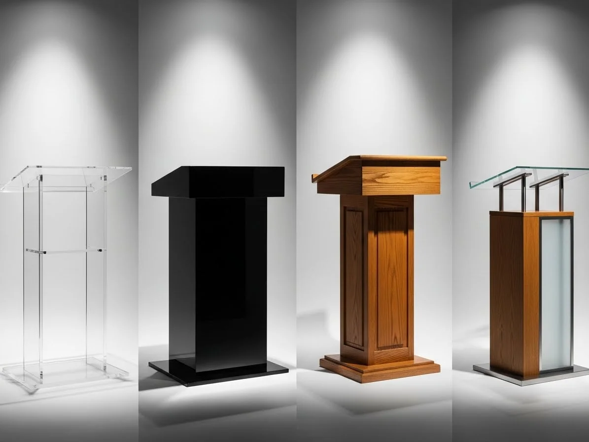Modelos de podiums en venta: acrílico transparente, acrílico negro y madera