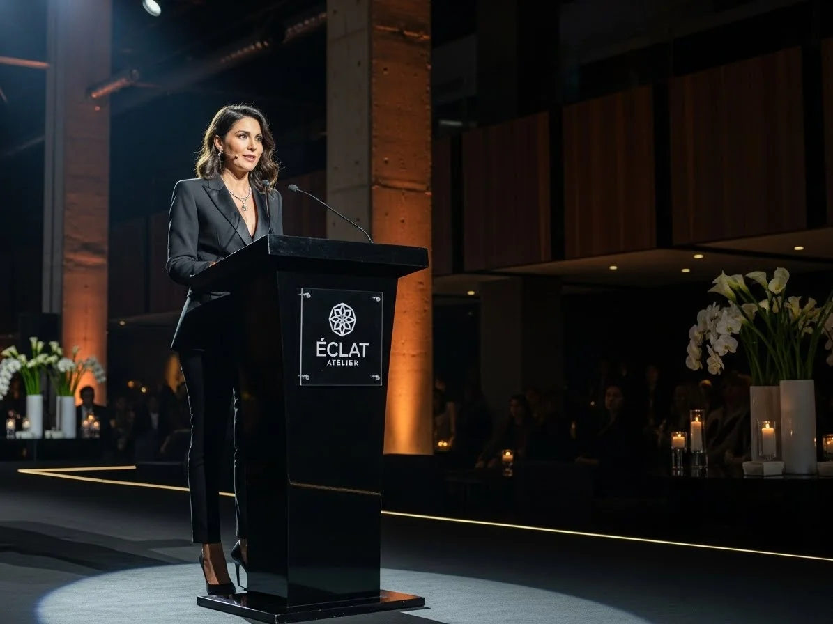 Oradora en podium de acrílico negro en evento elegante