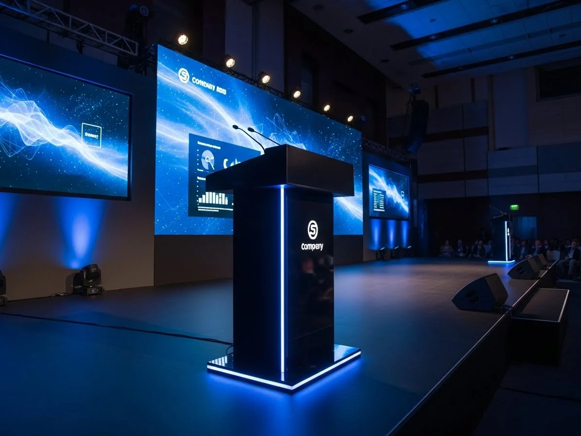 Podium iluminado con luz LED azul en el lanzamiento de producto de una marca de tecnología en Ciudad de México