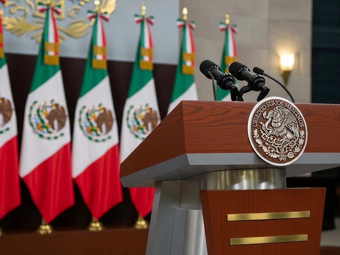 Podium de madera en evento gubernamental con banderas de México