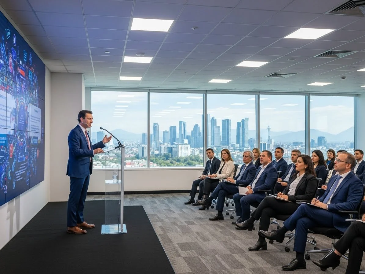 Ponencia corporativa con podium profesional en evento empresarial