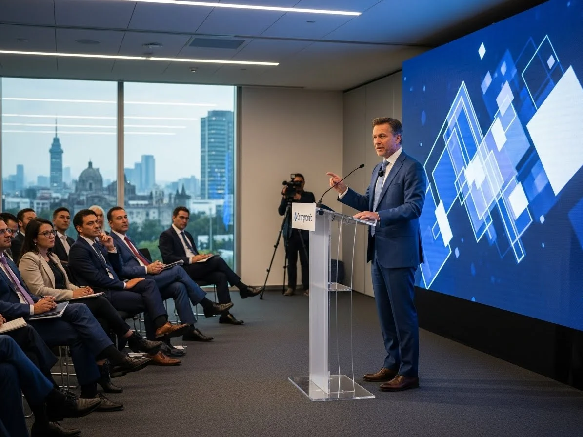 Presentación ejecutiva con podium corporativo