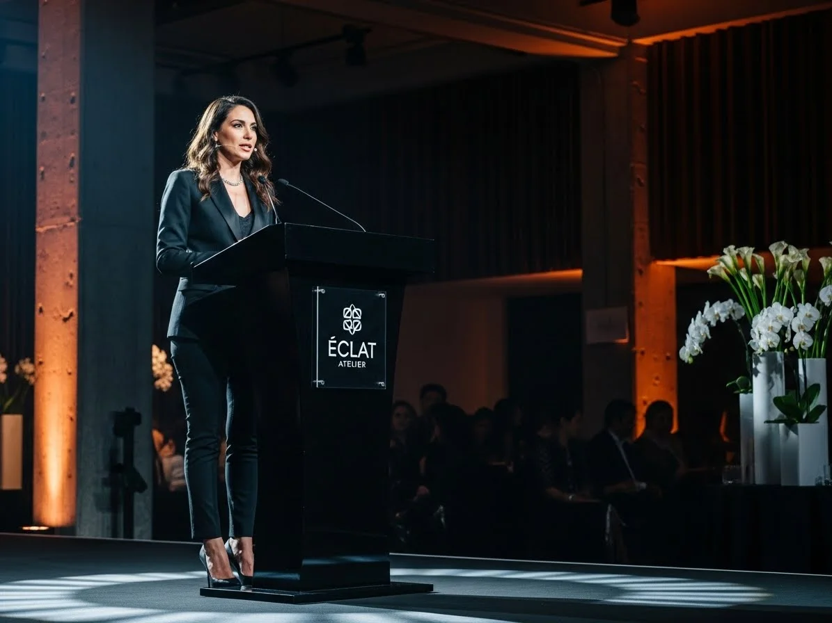 Presentadora en podium negro elegante durante evento de gala
